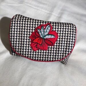 Dior Black and White Houndstooth Cosmetic Bag with Red Floral Design